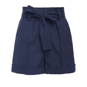 Maje Blue Pinstriped High Waist Shorts with Tie Belt